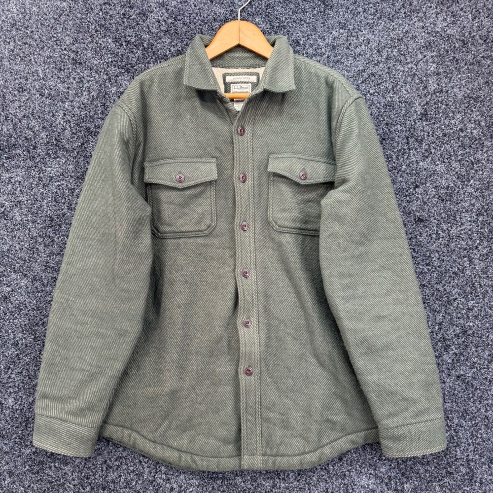 LL Bean Mens Large Sherpa Lined Herringbone Shirt Jacket Green Elbow Patch